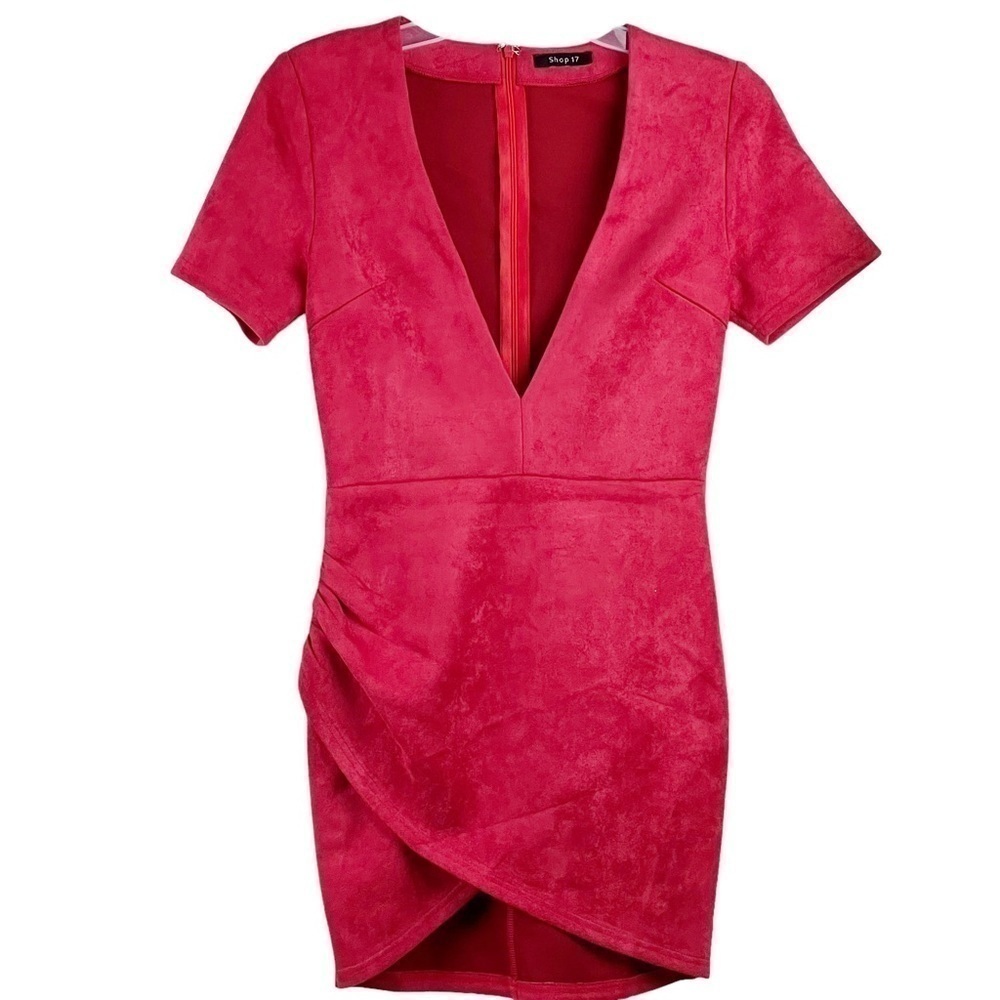 New-shop17 Suede, Deep V Neck, Ruched, Crossover Hem, Short Sleeve Mini Dress SM